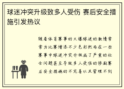 球迷冲突升级致多人受伤 赛后安全措施引发热议
