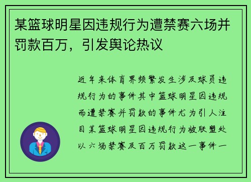 某篮球明星因违规行为遭禁赛六场并罚款百万，引发舆论热议