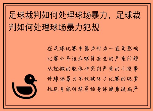 足球裁判如何处理球场暴力，足球裁判如何处理球场暴力犯规